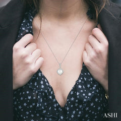 7 MM Cultured Pearl and 1/5 Ctw Round Cut Diamond Halo Pendant With Chain in 10K White Gold