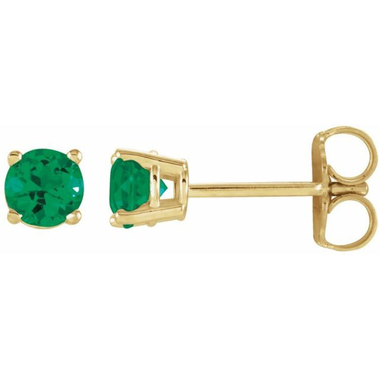14K Yellow Gold 4 mm Lab-Grown Emerald Earrings