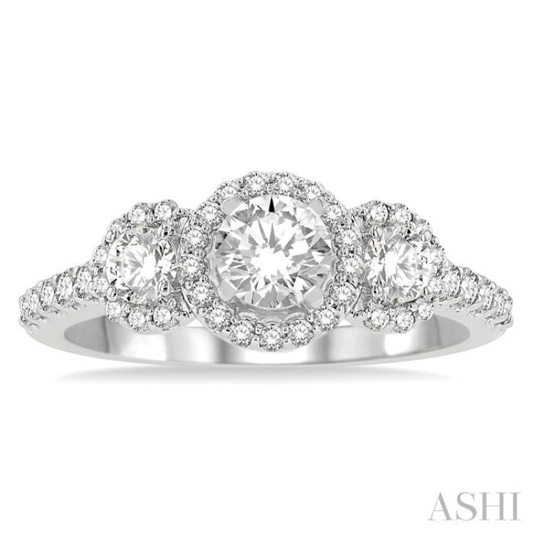 1 Ctw Past Present and Future Diamond Engagement Ring With 3/8 Ct Round Cut Center Stone in 14K White Gold