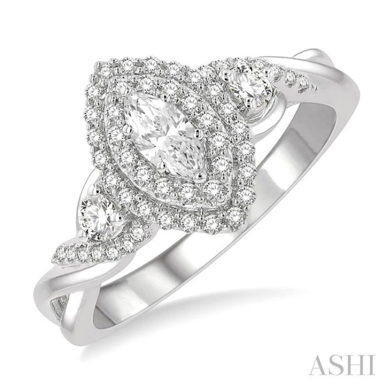 5/8 Ctw Split Twisted Shank Round Cut Diamond Engagement Ring With 1/4 Ct Marquise Cut Center Stone in 14K White Gold
