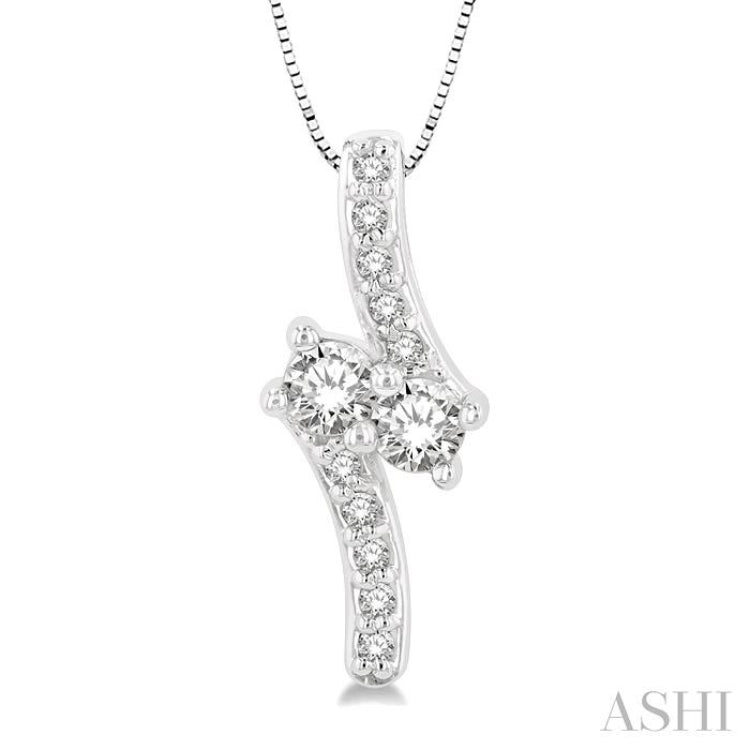 3/8 Ctw Asymmetrical 2Stone Round Cut Diamond Pendant With Box Link Chain in 14K White Gold