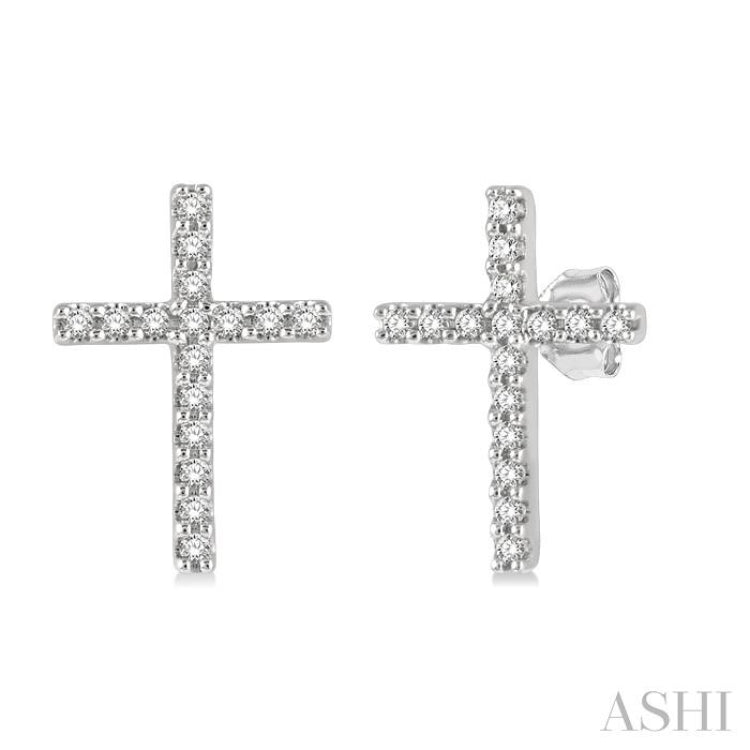 1/10 Ctw Cross Round Cut Diamond Petite Fashion Earrings in 10K White Gold