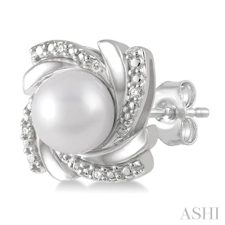 6x6 MM Round Shape Cultured Pearls and 1/50 Ctw Swirl Round Cut Diamond Earrings in Sterling Silver