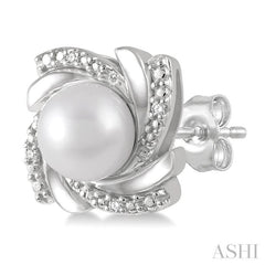 6x6 MM Round Shape Cultured Pearls and 1/50 Ctw Swirl Round Cut Diamond Earrings in Sterling Silver