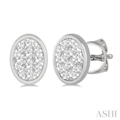 1/3 Ctw Oval Shape Lovebright Round Cut Diamond Bezel Stud Earring in 14K White Gold