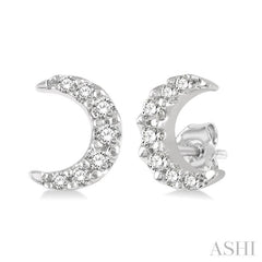 1/10 Ctw Crescent Moon Round Cut Diamond Petite Fashion Earrings in 14K White Gold