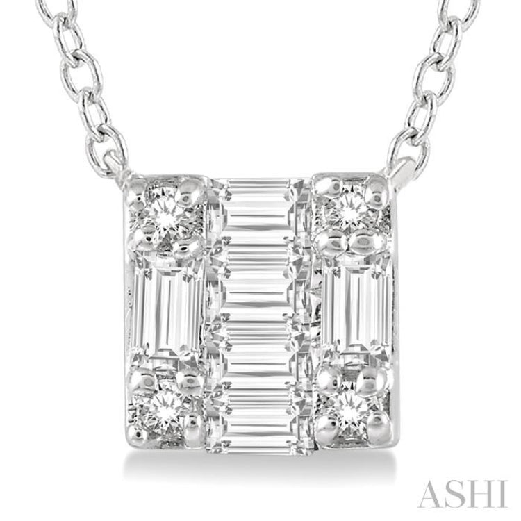 1/8 Ctw Square Shape Baguette and Round Cut Diamond Petite Fashion Pendant With Chain in 14K White Gold
