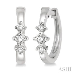 1/6 Ctw Three Stone Round Cut Diamond Huggie Petite Earrings in 14K White Gold