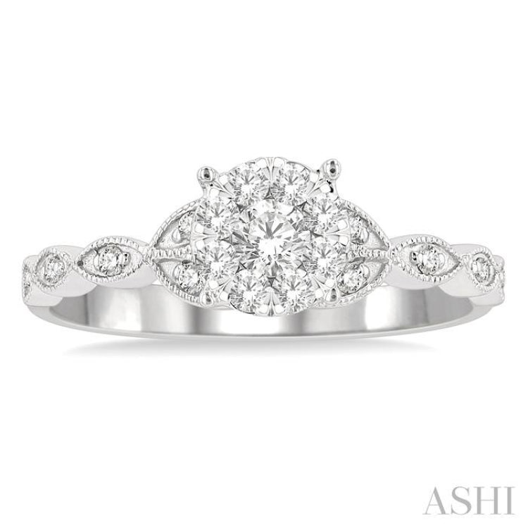 1/3 Ctw Marquise Shank Circular Lovebright Round Cut Diamond Engagement Ring in 14K White Gold
