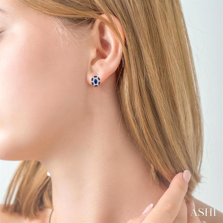 5x3 MM Oval Cut and 3X1.5 MM Marquise Cut Sapphire and 1/5 Ctw Round Cut Diamond Precious Earring in 14K White Gold