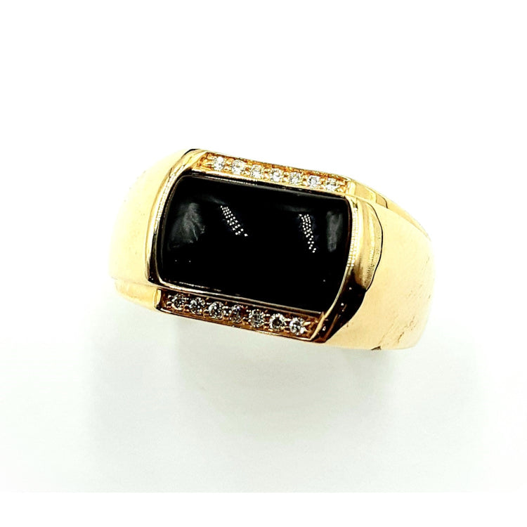 APPRAISED $3120- 14Kt. Yellow Gold Rectangle Cabochon Black Agate with a Row of Diamonds on Two Sides