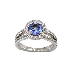 APPRAISED $4205- 14Kt White Gold Tanzanite with Split Euro Shank and Diamond Halo