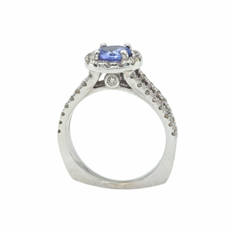APPRAISED $4205- 14Kt White Gold Tanzanite with Split Euro Shank and Diamond Halo