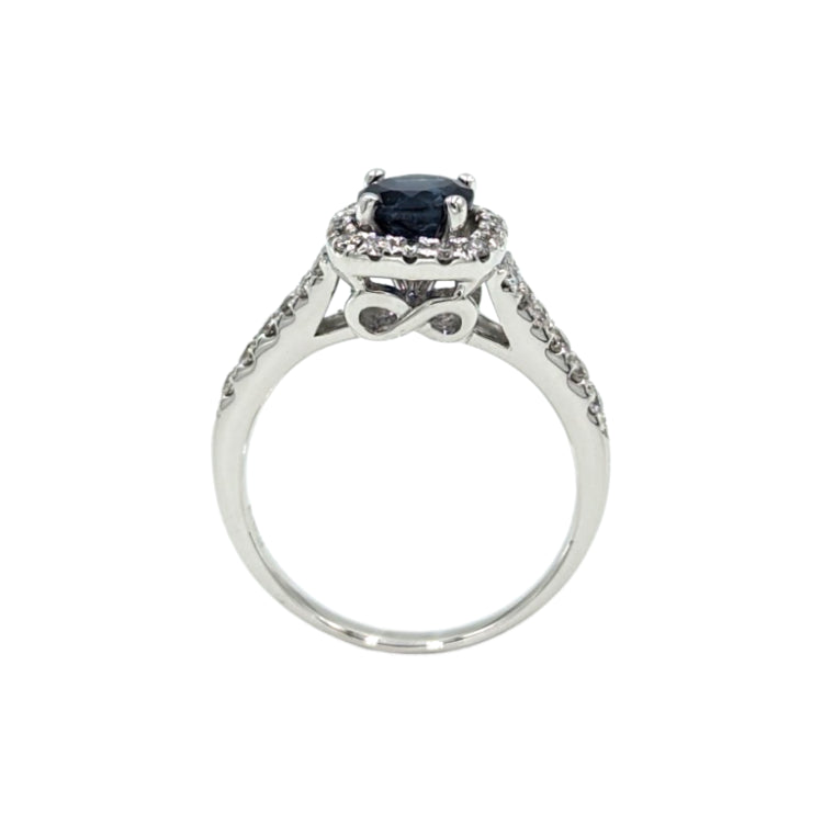 APPRAISED $4860- 14Kt White Gold Round Sapphire with Square Diamond Halo and Two Rows of Diamonds Down the Shank