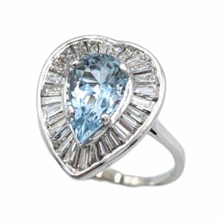 APPRAISED $4000- 14Kt. White Gold One Pear Shaped Aquamarine Surrounded by Twenty-Nine Baguette Diamonds in a Heart Halo
