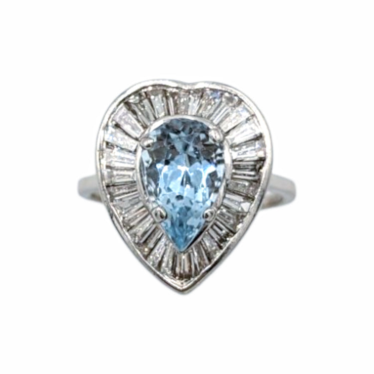 APPRAISED $4000- 14Kt. White Gold One Pear Shaped Aquamarine Surrounded by Twenty-Nine Baguette Diamonds in a Heart Halo