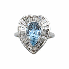 APPRAISED $4000- 14Kt. White Gold One Pear Shaped Aquamarine Surrounded by Twenty-Nine Baguette Diamonds in a Heart Halo
