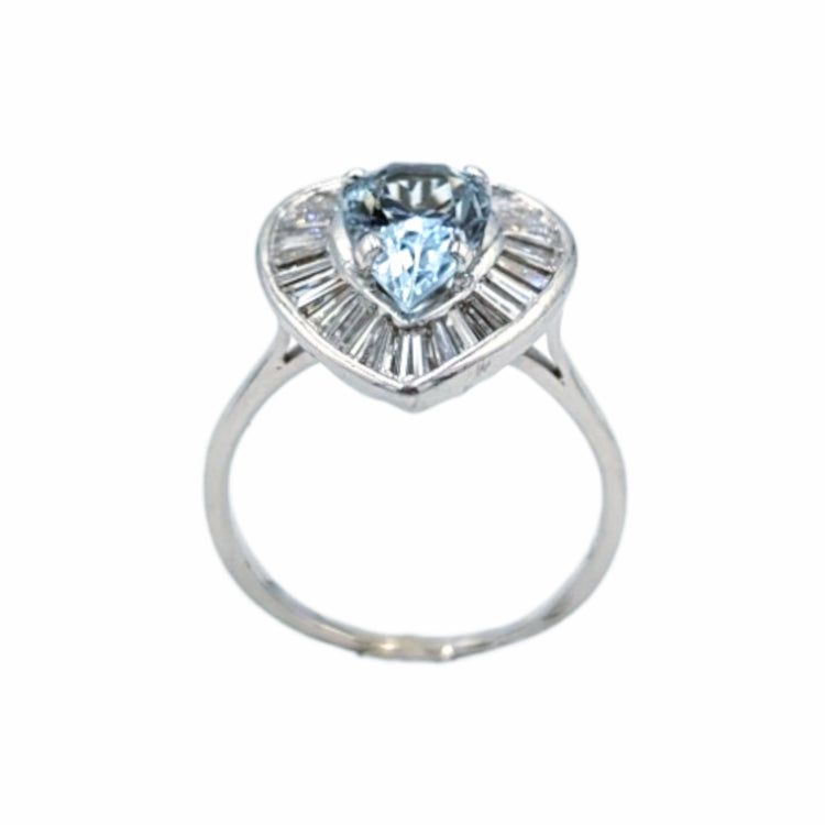 APPRAISED $4000- 14Kt. White Gold One Pear Shaped Aquamarine Surrounded by Twenty-Nine Baguette Diamonds in a Heart Halo