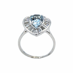 APPRAISED $4000- 14Kt. White Gold One Pear Shaped Aquamarine Surrounded by Twenty-Nine Baguette Diamonds in a Heart Halo
