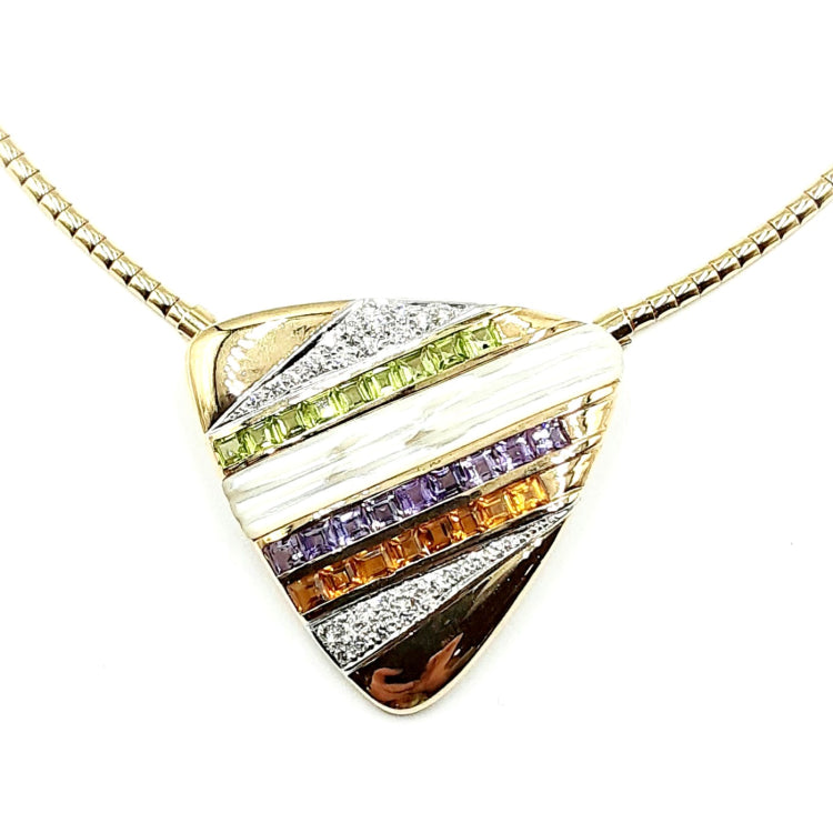 APPRAISED $4000- 14Kt. Yellow Gold Nine Square Peridot, Nine Square Amethyst, Nine Square Citrine with Twenty-Nine Round Brilliant Diamonds and Mother of Pearl Inlay