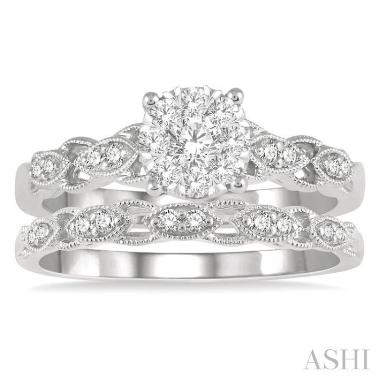 1/2 Ctw Lattice Lovebright Round Cut Diamond Wedding Set With 3/8 Ctw Circular Mount Engagement Ring and 1/10 Ctw Wedding Band in 14K White Gold