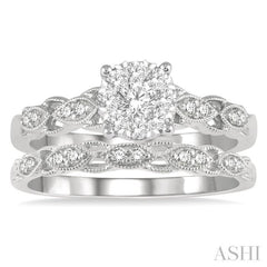 1/2 Ctw Lattice Lovebright Round Cut Diamond Wedding Set With 3/8 Ctw Circular Mount Engagement Ring and 1/10 Ctw Wedding Band in 14K White Gold