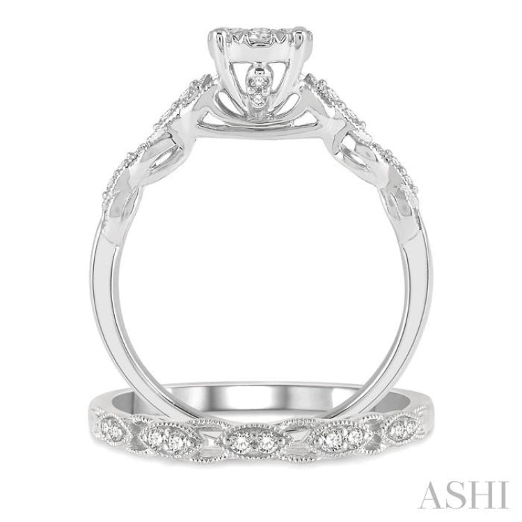 1/2 Ctw Lattice Lovebright Round Cut Diamond Wedding Set With 3/8 Ctw Circular Mount Engagement Ring and 1/10 Ctw Wedding Band in 14K White Gold