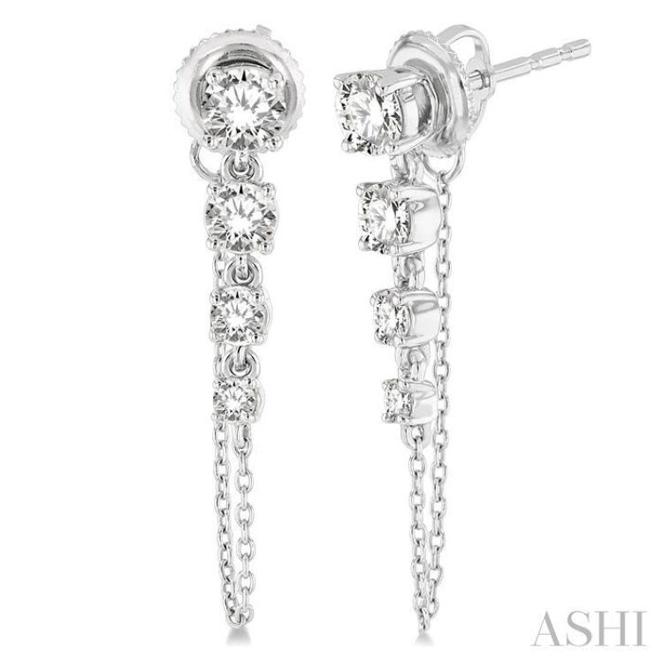 1 Ctw Journey Round Cut Diamond Fashion Long Chain Earring in 14K White Gold