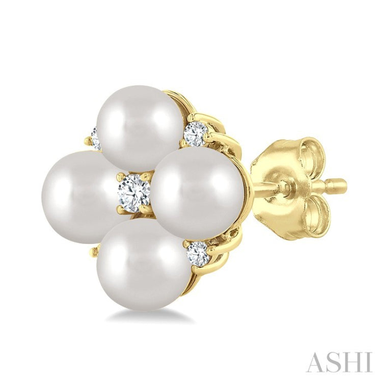 4 MM Round Shape Floral Cultured Pearls and 1/10 Ctw Round Cut Diamond Fashion Stud Earrings in 10K Yellow Gold