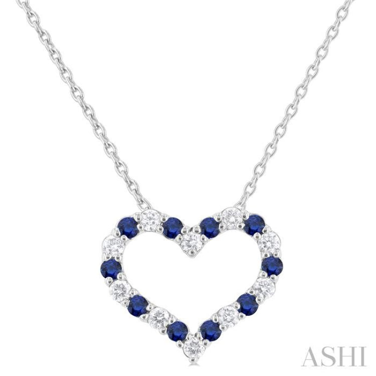 1.4 MM Round Cut Sapphire and 1/8 Ctw Open Heart Round Cut Diamond Precious Fashion Pendant With Chain in 14K White Gold