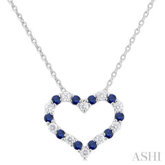 1.4 MM Round Cut Sapphire and 1/8 Ctw Open Heart Round Cut Diamond Precious Fashion Pendant With Chain in 14K White Gold