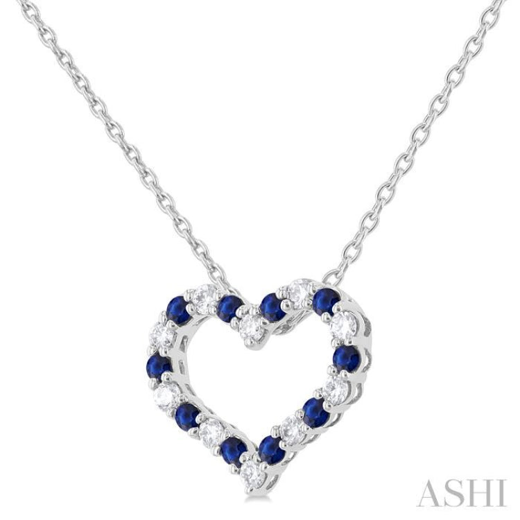 1.4 MM Round Cut Sapphire and 1/8 Ctw Open Heart Round Cut Diamond Precious Fashion Pendant With Chain in 14K White Gold
