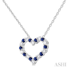 1.4 MM Round Cut Sapphire and 1/8 Ctw Open Heart Round Cut Diamond Precious Fashion Pendant With Chain in 14K White Gold