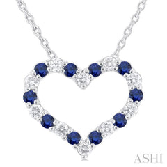 1.4 MM Round Cut Sapphire and 1/8 Ctw Open Heart Round Cut Diamond Precious Fashion Pendant With Chain in 14K White Gold