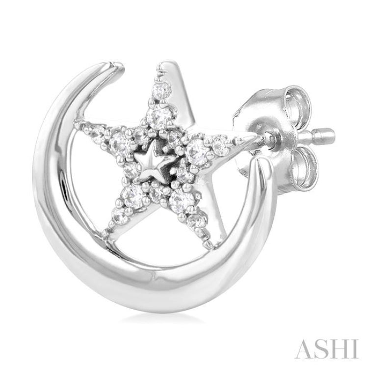 1/10 Ctw Petite Crescent Moon and Star Round Cut Diamond Fashion Stud Earring in 10K White Gold