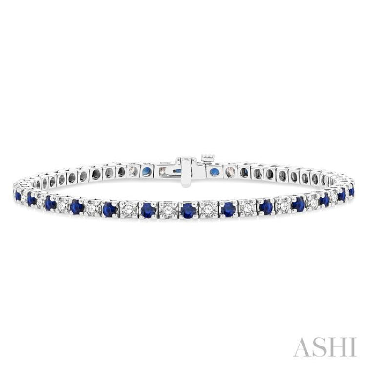 2.5 MM Sapphire and 1 1/2 Ctw Round Cut Diamond Square Box Link Precious Tennis Bracelet in 14K White Gold