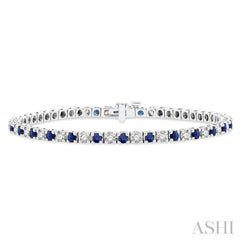 2.5 MM Sapphire and 1 1/2 Ctw Round Cut Diamond Square Box Link Precious Tennis Bracelet in 14K White Gold