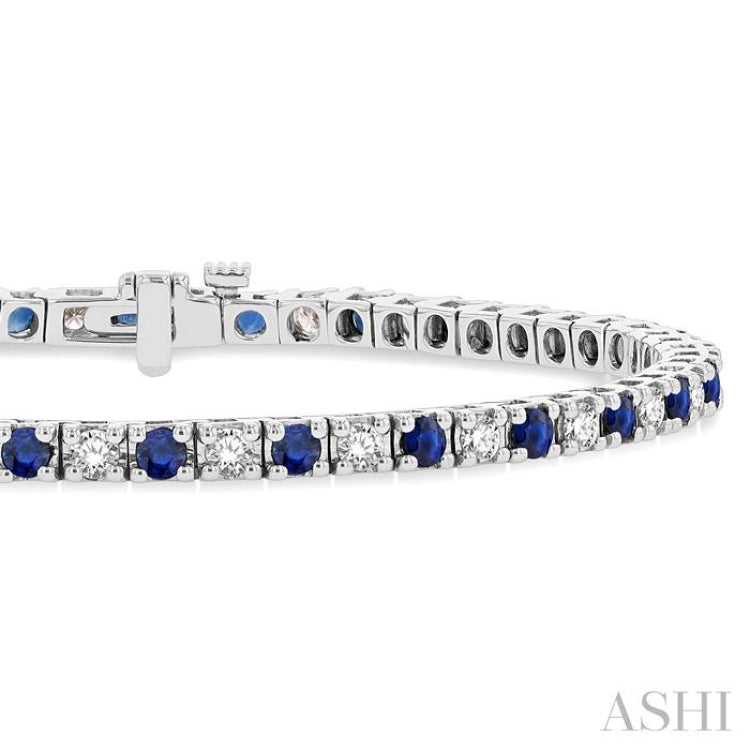 2.5 MM Sapphire and 1 1/2 Ctw Round Cut Diamond Square Box Link Precious Tennis Bracelet in 14K White Gold