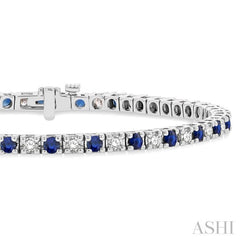 2.5 MM Sapphire and 1 1/2 Ctw Round Cut Diamond Square Box Link Precious Tennis Bracelet in 14K White Gold