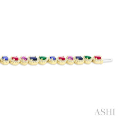 4X3 MM & 4 MM Mixed Shape Gemstone and 1 1/3 Ctw Round Cut Halo Diamond Bracelet in 14K Yellow Gold