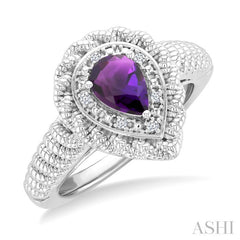 7X5 MM Pear Cut Amethyst and 1/20 Ctw Round Cut Diamond Semi-Precious Ring in Sterling Silver