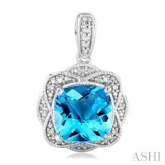 8X8 MM Cushion Shape Blue Topaz and 1/20 Ctw Round Cut Diamond Semi-Precious Earring in Sterling Silver