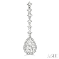 1 ctw Pear Shape Dangler Round Cut Diamond Lovebright Earrings in 14K White Gold