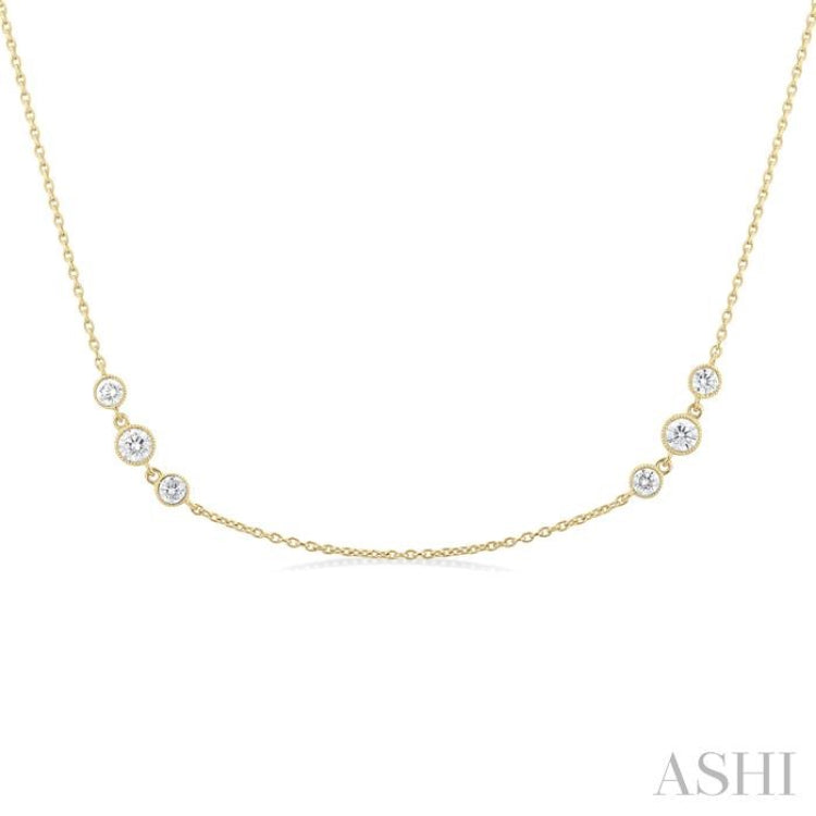 3/4 Ctw Three Stone Bezel Set Round Cut Diamond Station Necklace in 14K Yellow Gold