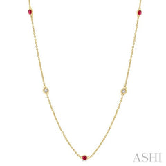 1.75 MM Ruby and 1/6 Ctw Round Cut Diamond Precious Station Necklace in 14K Yellow Gold