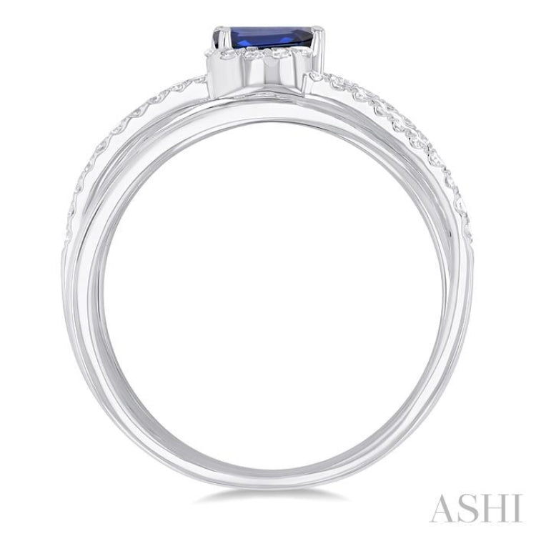 5x3 MM Emerald Shape Sapphire and 1/4 Ctw Single Cut Diamond Double Criss-Cross Lovebright Precious Ring in 10K White Gold