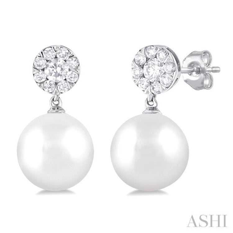 7 MM Cultured White Pearl and 1/4 Ctw Disc Top Lovebright Round Cut Diamond Fashion Earrings in 14K White Gold