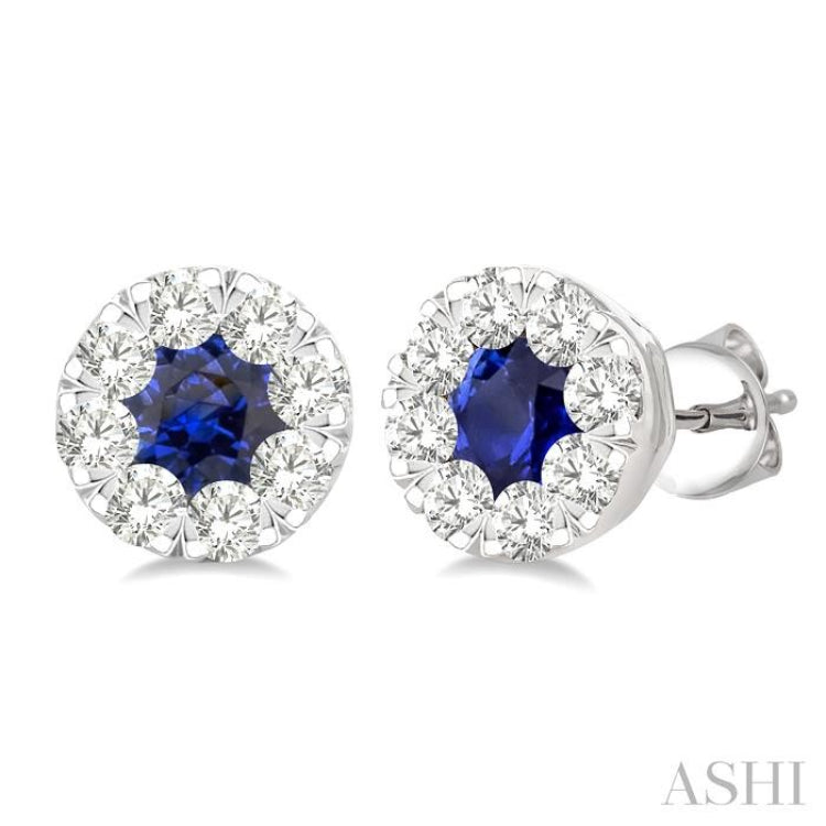 3.3 MM Sapphire and 1/2 Ctw Round Cut Diamond Lovebright Precious Stud Earrings in 14K White Gold