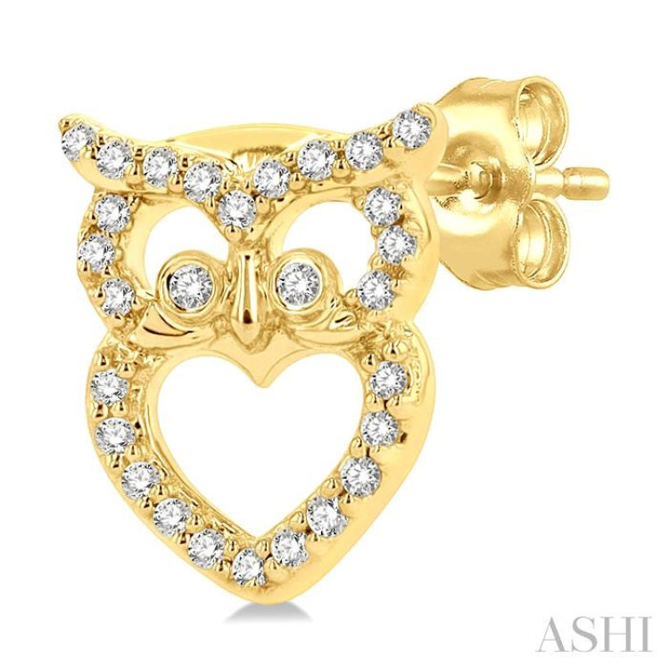 1/6 Ctw Petite Owl Round Cut Diamond Fashion Stud Earring in 10K Yellow Gold