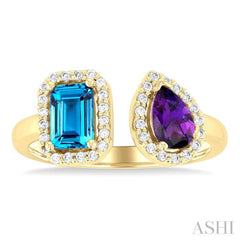 6X4 MM Emerald Cut Blue Topaz and Pear Cut Amethyst and 1/5 Ctw Open Toi Et Moi Round Cut Diamond Halo Fashion Ring in 14K Yellow Gold
